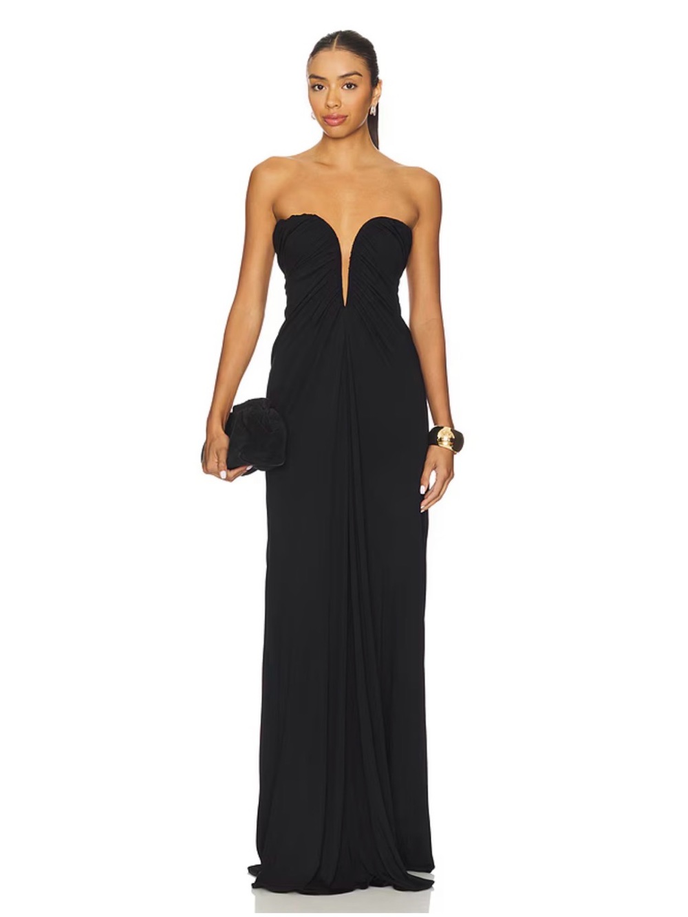 ATLEIN Black Strapless Plunging Ruched Gown